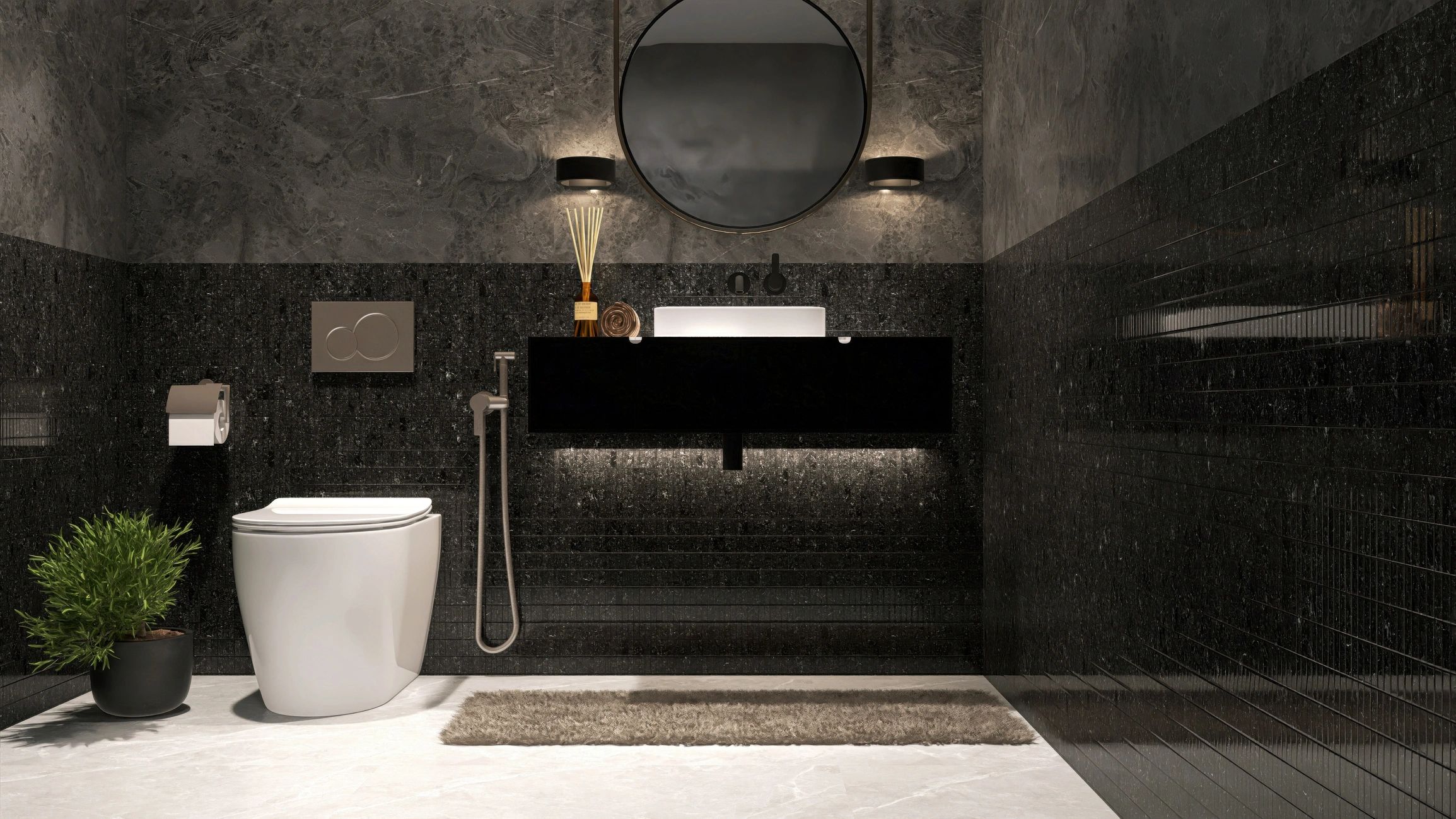 Modern bathroom with dark mosaic tile wall, vanity, and toilet