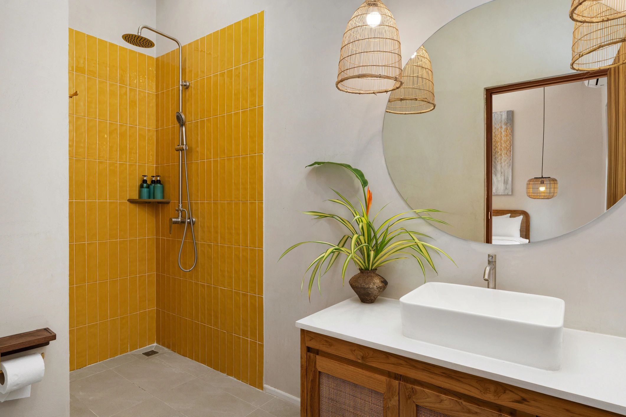 Contemporary bathroom remodel with tiled shower and wood vanity